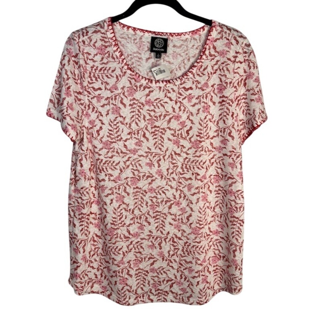 Bobeau Womens Floral Print Knit Top Scoop Neck Short Sleeve Ivory Size L